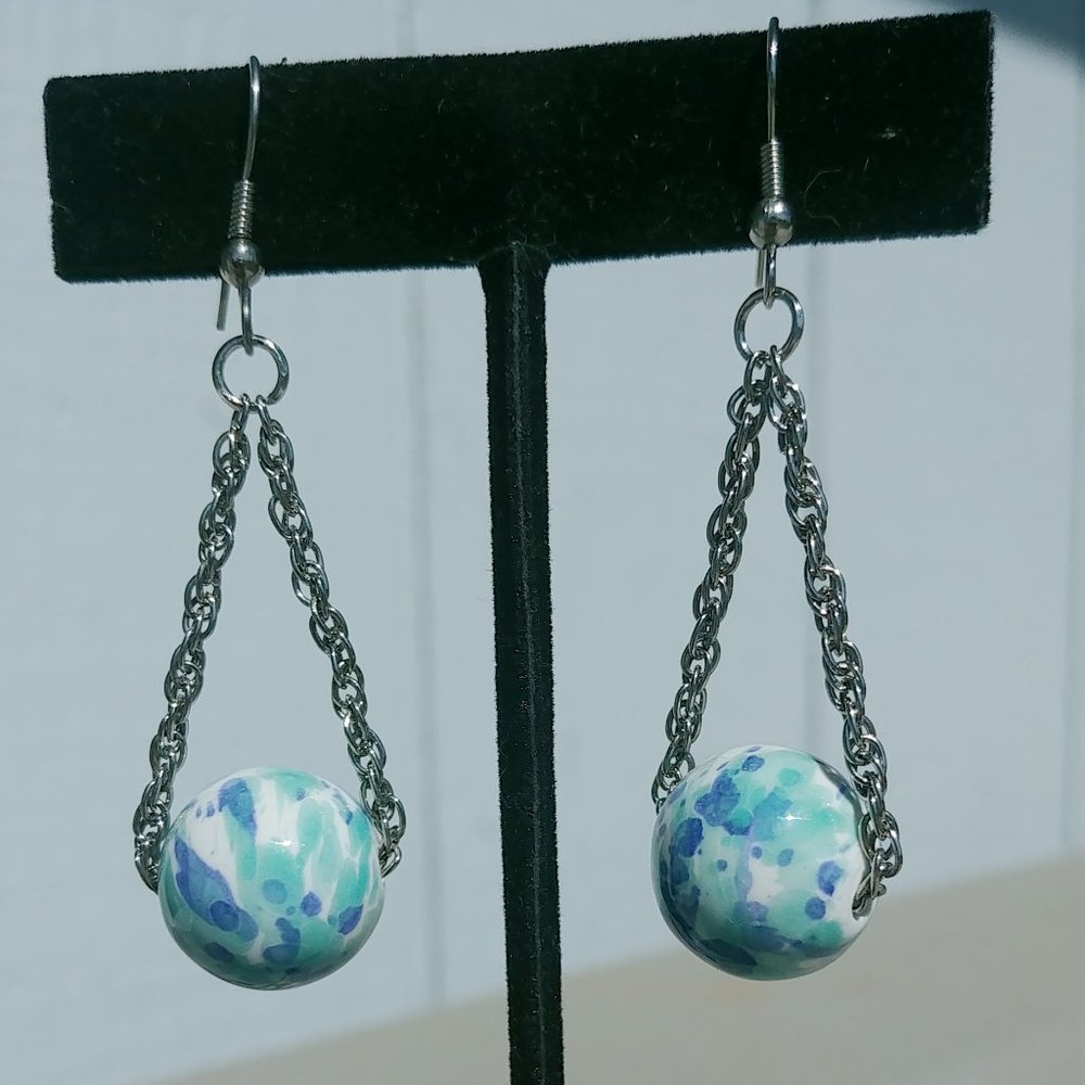 Blue Aqua Colored Bead & Chain Earrings